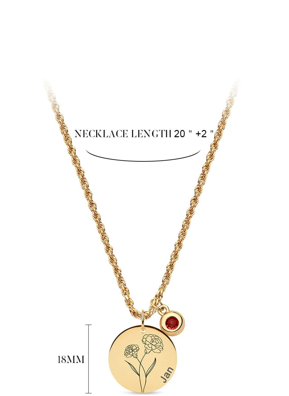 18K Gold Carnation Birth Flower Necklace – Dainty 2MM Twist Chain with Birthstone Pendant
