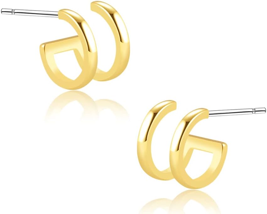 14K Gold Plated Triple Huggie Illusion Stud Earrings | Double Huggie Hoop Earrings for One Hole | Gold Hoop Earrings for Women