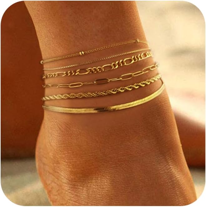 Gold Ankle Bracelets for women,14k Gold/Silver Plated Waterproof Layered lightweight Cuban Link Figaro Chain Heart anklet butterfly anklet Pearl Ankle Bracelets Set Gold Anklets for women Trendy Jewelry Gift for Women