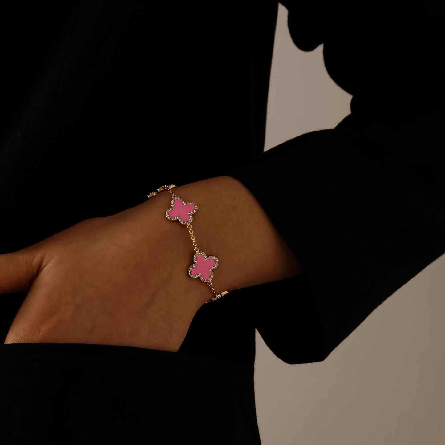 Qitian Clover Bracelet for Women 18K Gold Four Leaf Pink Lucky Link Clover Bracelets, Trendy Bracelets Set Jewelry