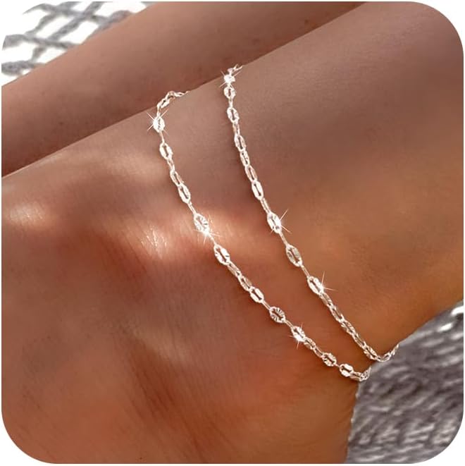 Ankle Bracelets for Women, Glitter Waterproof Adjustable Anklet for Women, 14K Gold Plated/Sterling Silver Layered Anklets, Summer Beach Anklet Jewelry for Women Gift