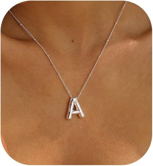 Bubble Gold Letter Necklace, 14k Gold Plated Balloon Initial Pendant, Dainty Chunky Custom Name Necklace for Women