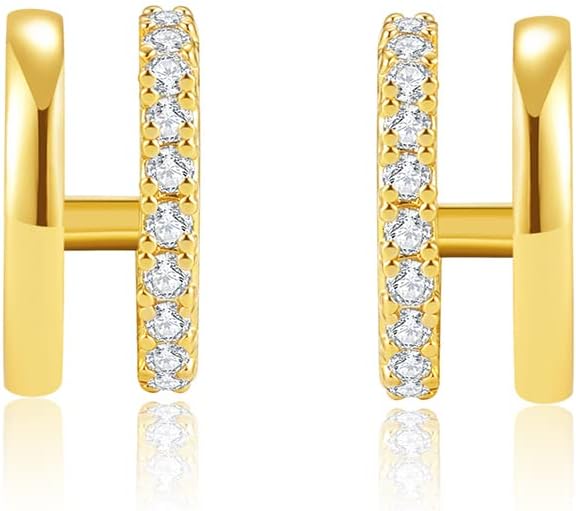 14K Gold Plated Triple Huggie Illusion Stud Earrings | Double Huggie Hoop Earrings for One Hole | Gold Hoop Earrings for Women