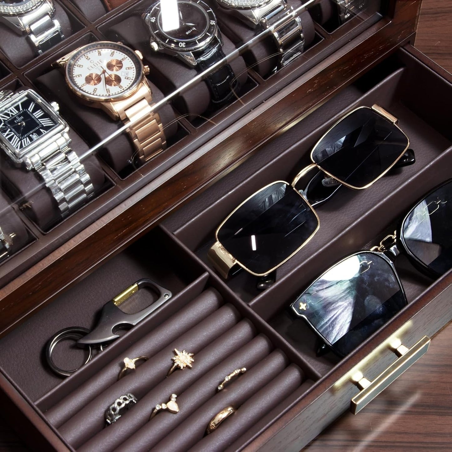 High End Watch Box for Men, 12 Slot Wooden Watch Case With Drawer, Watch Display Box with Glass Lid