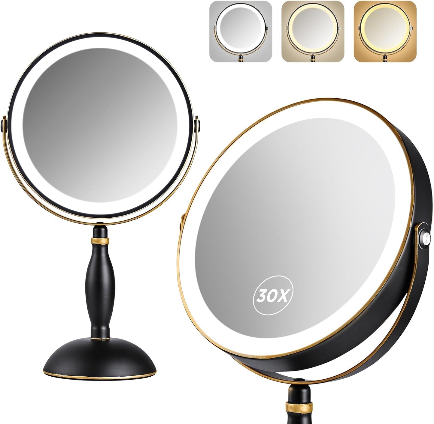 Makeup Mirror, 30x Magnifying Mirror with 3 Lights Colors, Style Side Touch + Side Charge