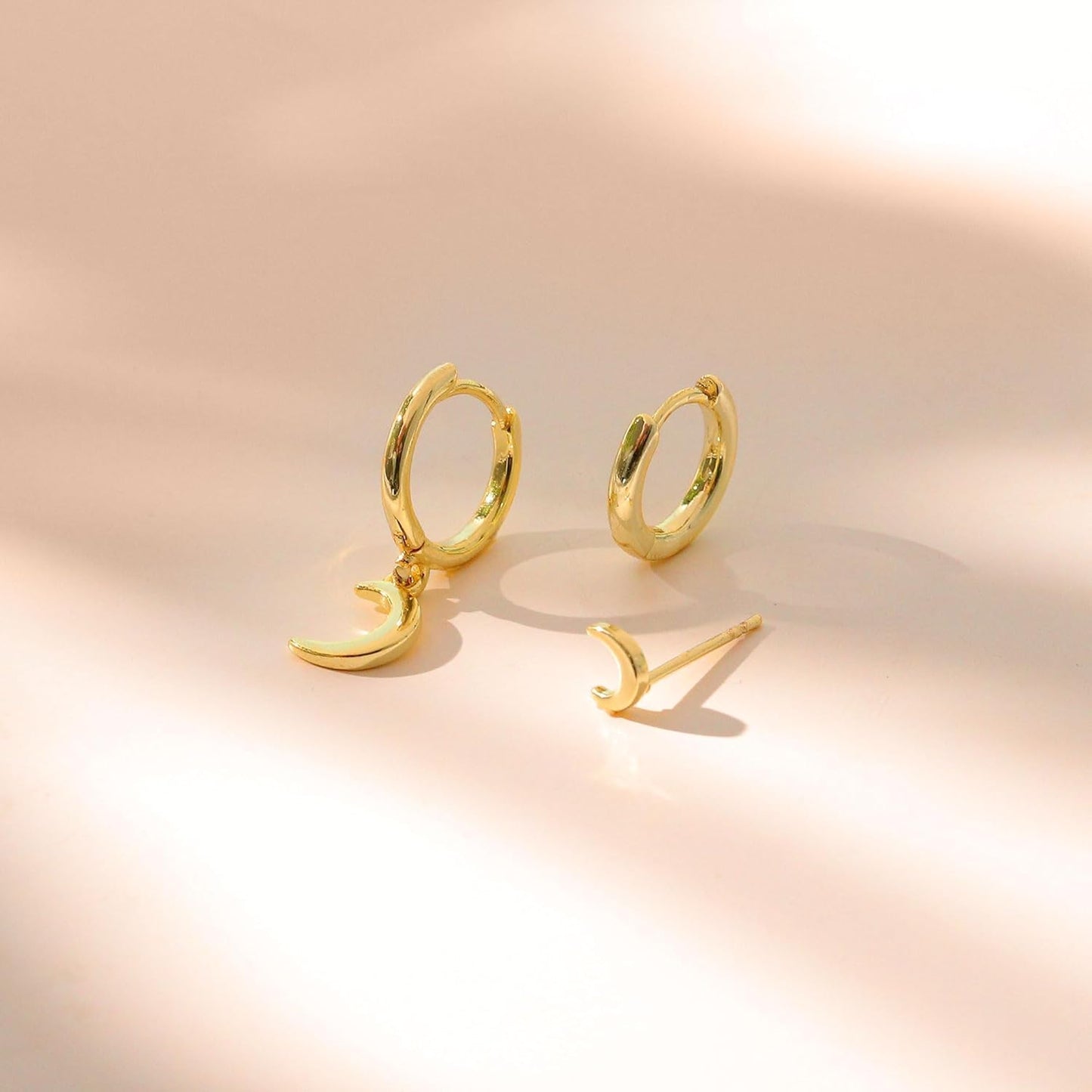 3 Pairs Small Gold Hoop Earring, 14K Gold Plated Earring Stacks Butterfly Heart Star Moon Bow Four Leaf Rhombus Round CZ Pearl