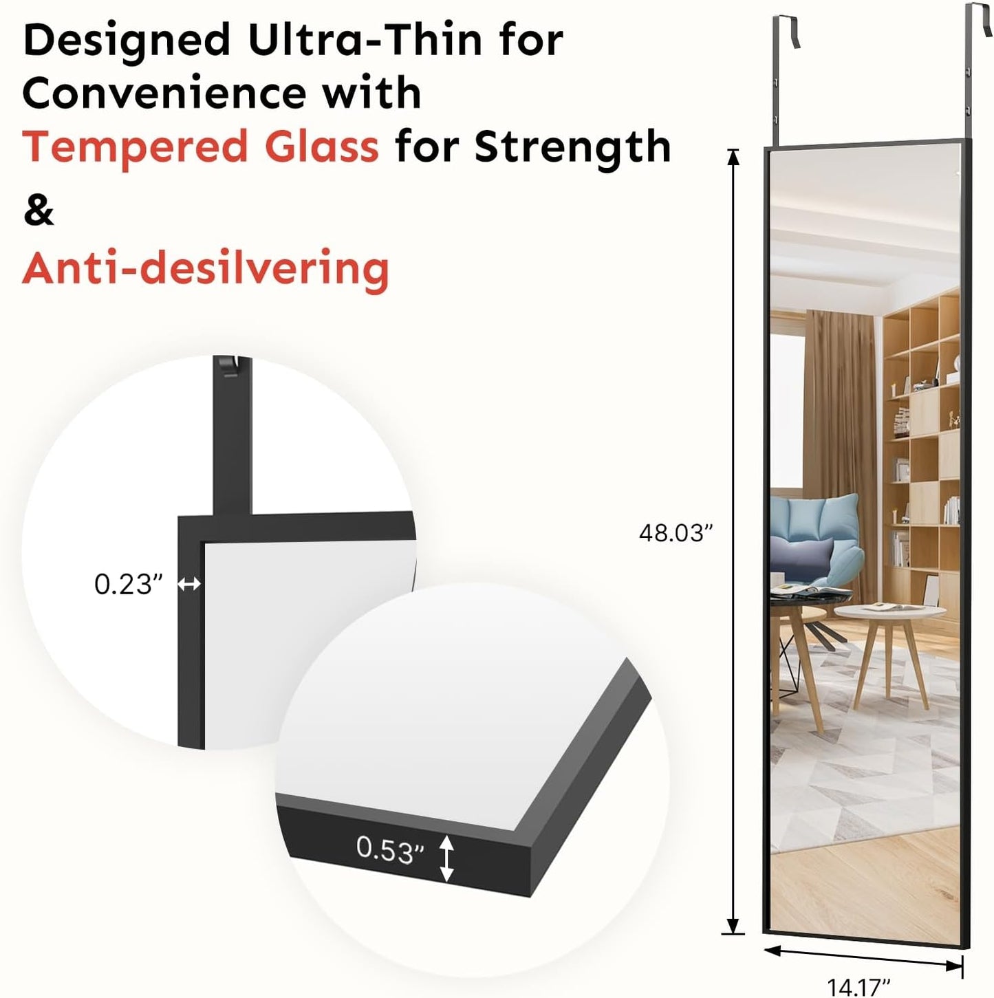 48x14 Inch Full Length Tempered Glass Door Mirror - Over The Door Hanging, No Drill Installation