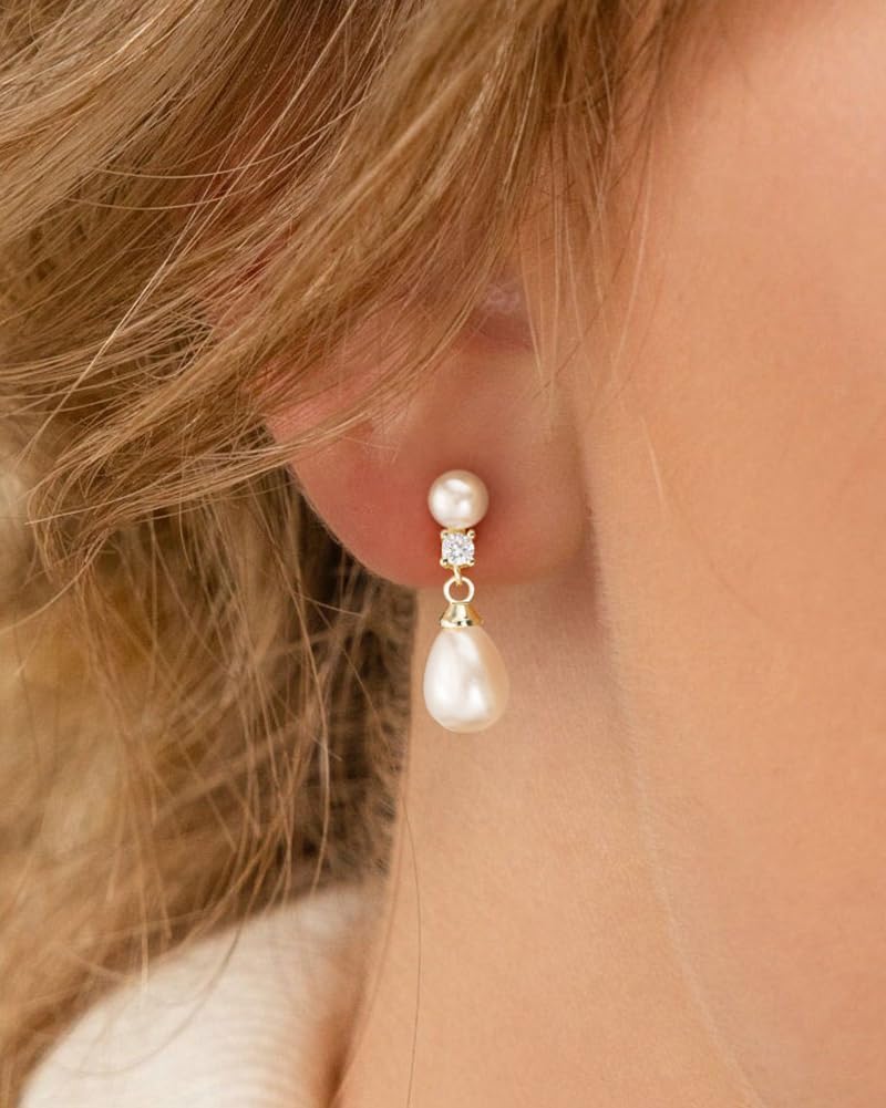 Pearl Earrings: 14k Gold-plated Cubic Zirconia Accented Pearl Drop Dangle Wedding Engagement Earrings For Women Bridal Bridesmaid