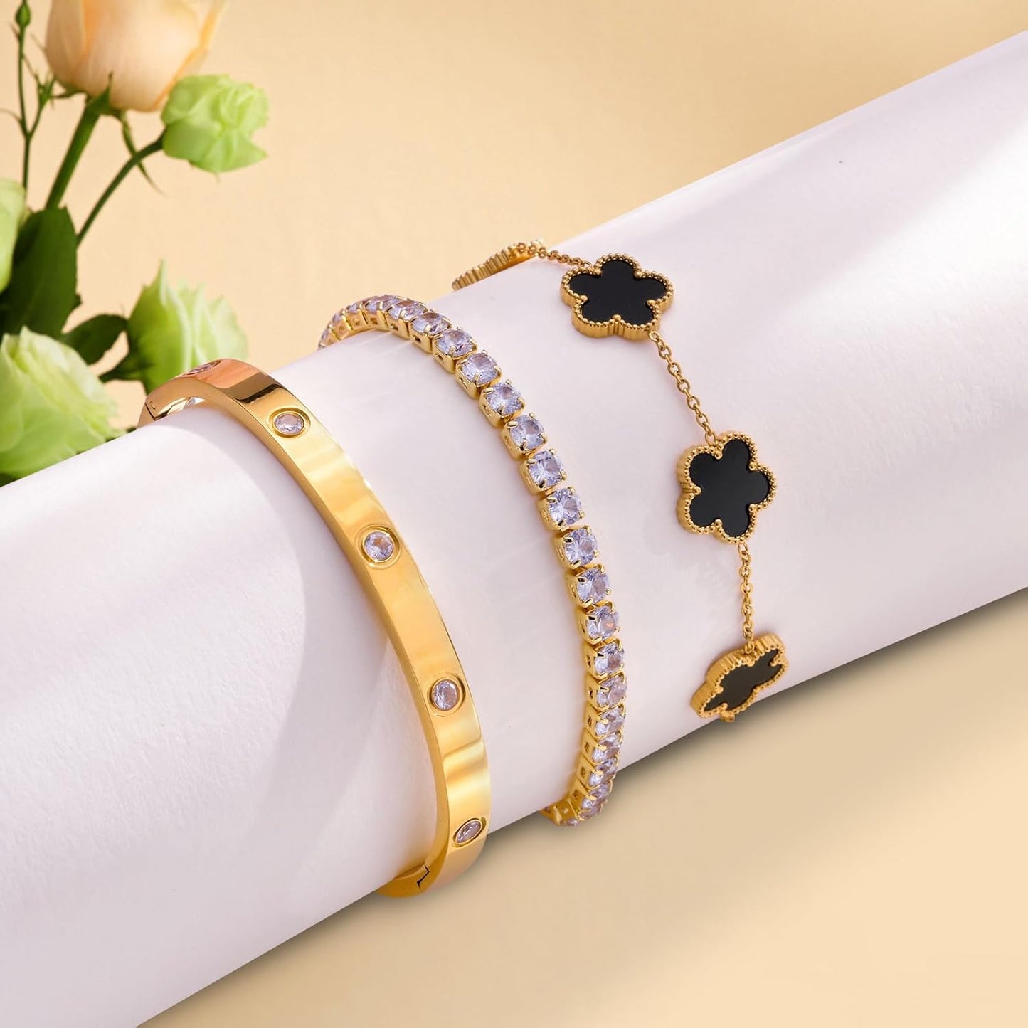 Gold Bracelets for Women,14K Gold Plated Love Bangle Bracelet Set,Crystal Stackable Bangles with Friendship