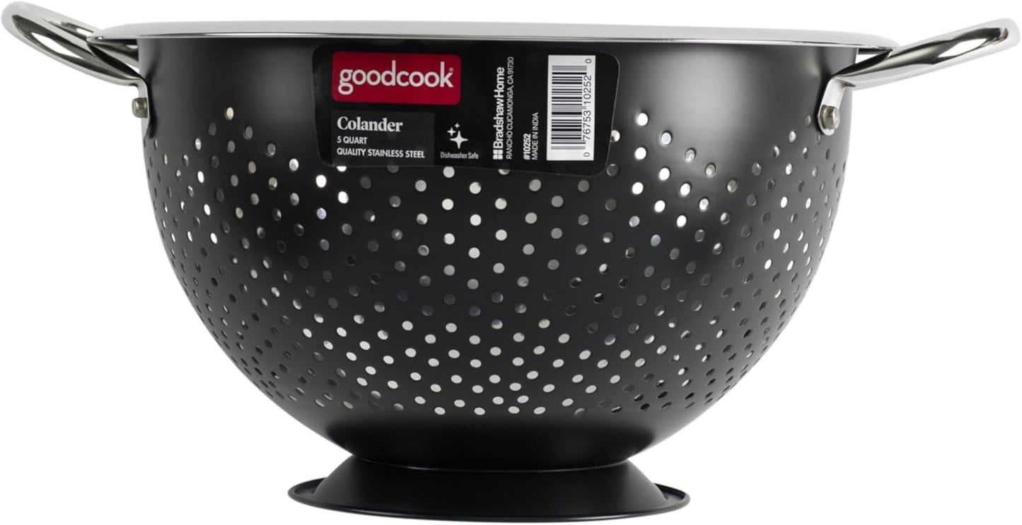 Gourmet Colander, 5qt capacity, Stainless Steel with Handles and Elevated Pedestal Foot, Bold Black