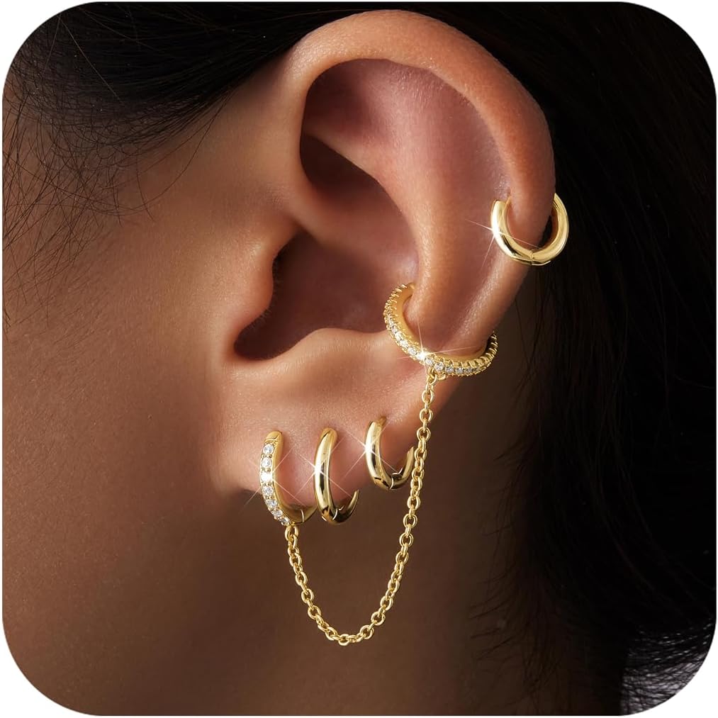 Small Gold Huggie Hoop Earrings Set for Women Men Hypoallergenic 14K Plated Stack Cartilage Earrings, Multiple Piercing