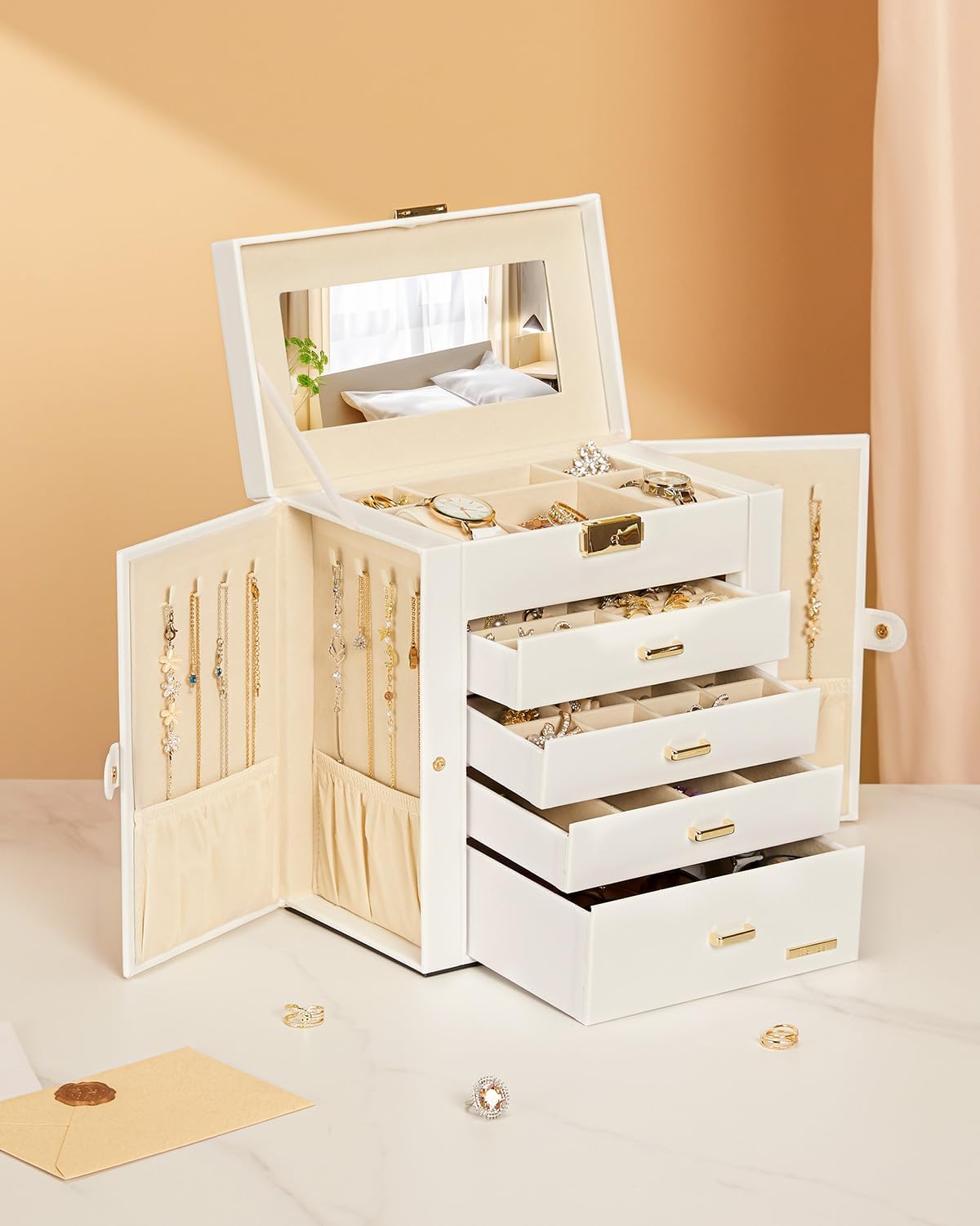 Synthetic Leather Huge Jewelry Box Mirrored Watch Organizer Necklace Ring Earring Storage Lockable