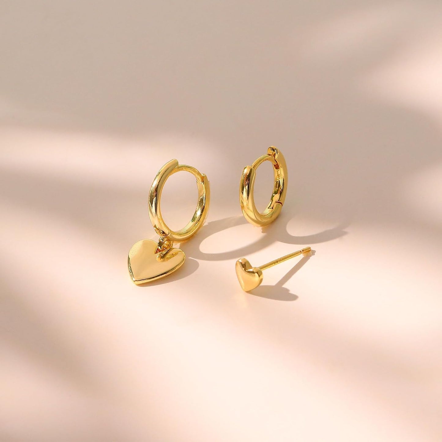3 Pairs Small Gold Hoop Earring, 14K Gold Plated Earring Stacks Butterfly Heart Star Moon Bow Four Leaf Rhombus Round CZ Pearl