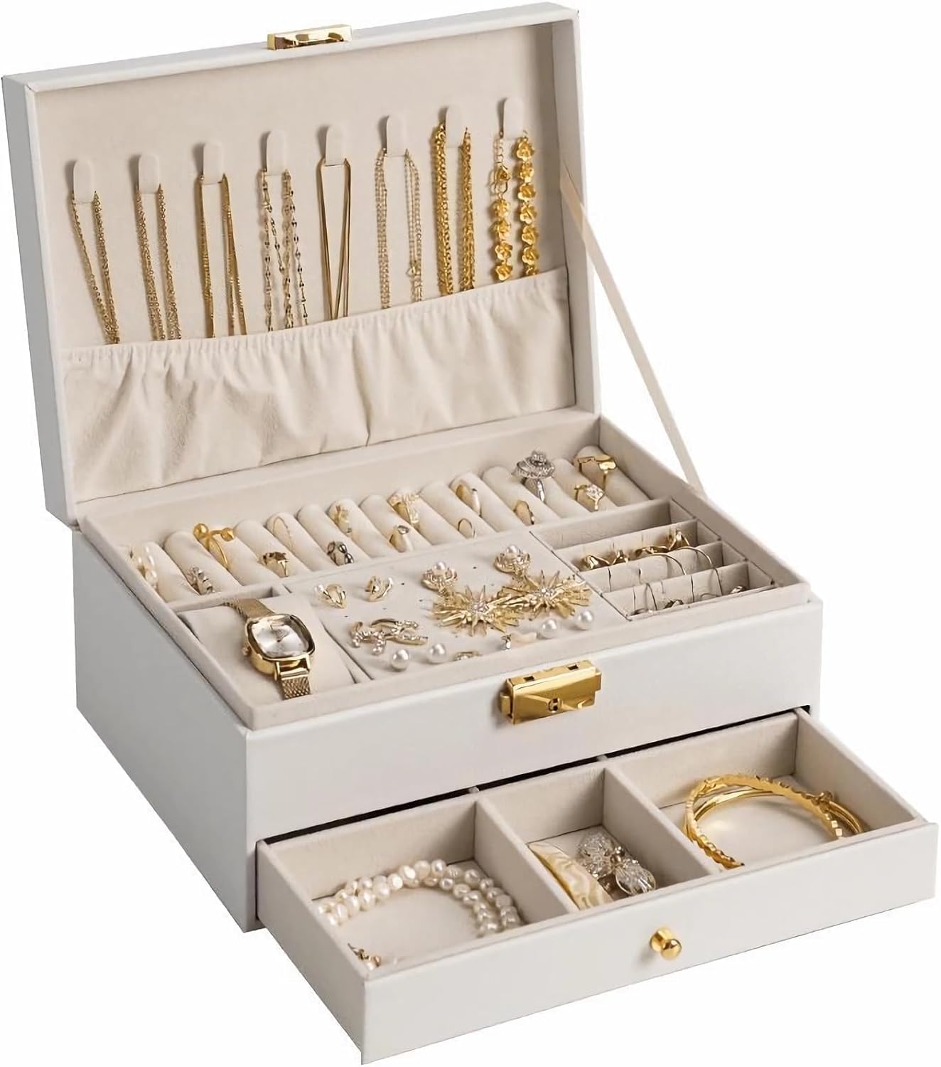 Jewelry Box - Large PU Leather Jewelry Organizer Storage Case with Two Layers Display