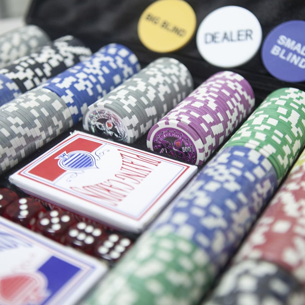OMOMMD 500 Clay Composite Poker Chips Set with Aluminum Case, Two Decks of Playing Cards, Dealer and Blind Button&5 Dices for Poker, Texas Hold'em, Blackjack, Casino Games at Home