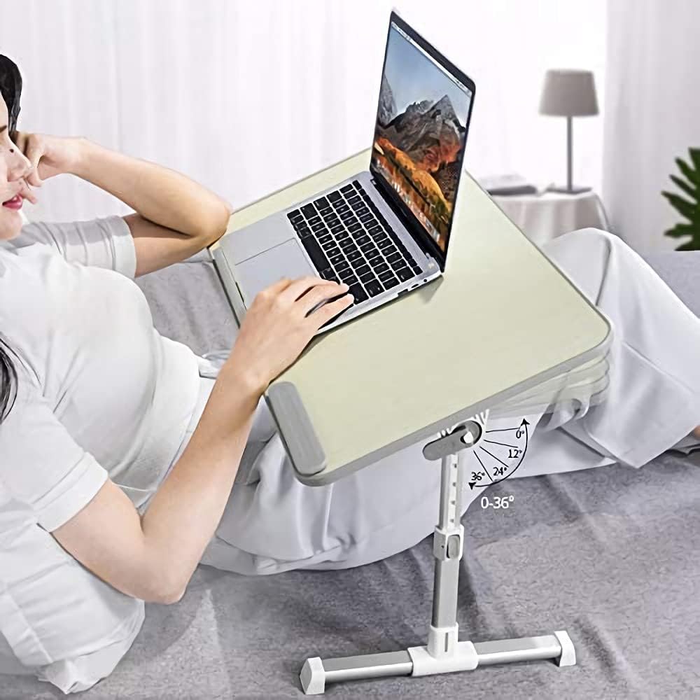 OMOMMD Portable Foldable Adjustable Laptop Stand Tray Table Lap Desk for Bed and Couch, Fits up to 17-Inch Laptop, 12"x20", Cream