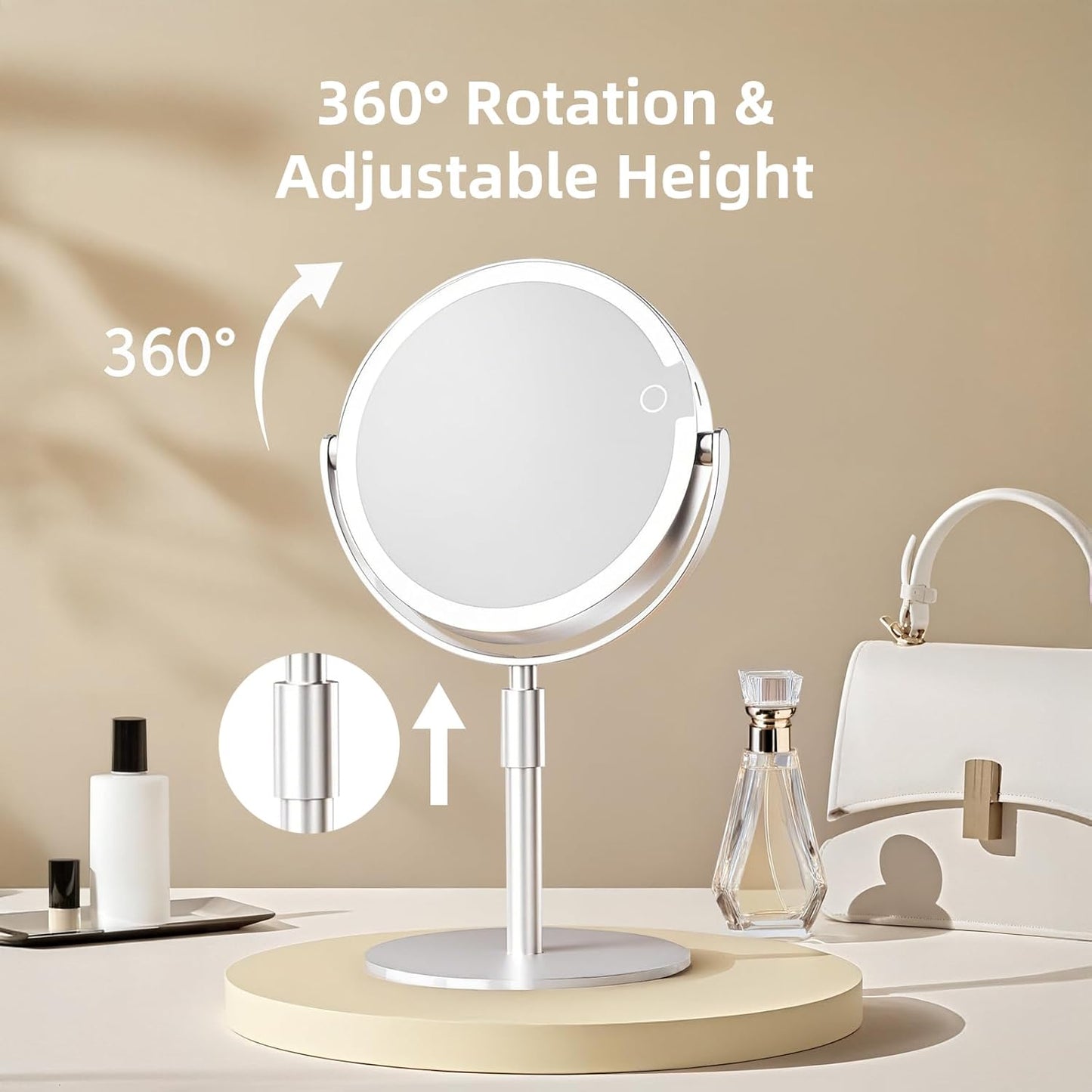 Vanity Mirror with Lights, 8" Dual-Sided Makeup Mirror with Magnification 1X/10X, Touch Control