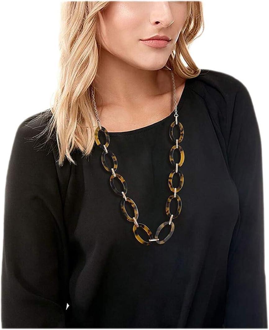 Women: Leopard & Tortoise Print Acetate Collar Necklace with Metal Oval Resin Chain