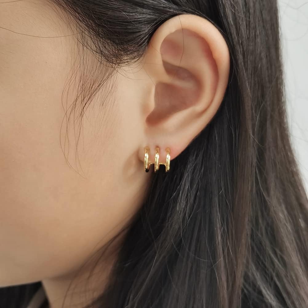 14K Gold Plated Triple Huggie Illusion Stud Earrings | Double Huggie Hoop Earrings for One Hole | Gold Hoop Earrings for Women