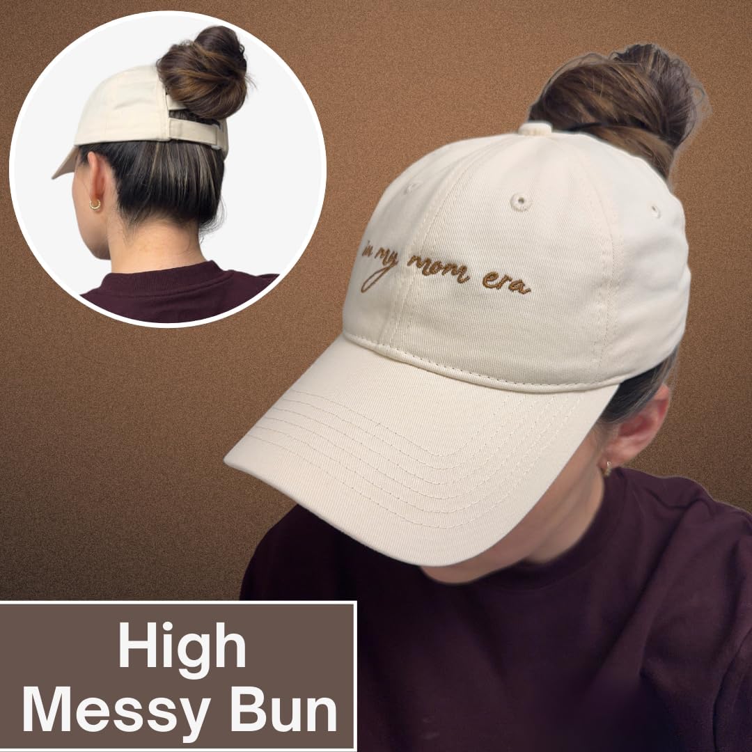 in My Mom Era Hat - Beige Baseball Cap for Moms, High Ponytail Hole, Minimalist Design
