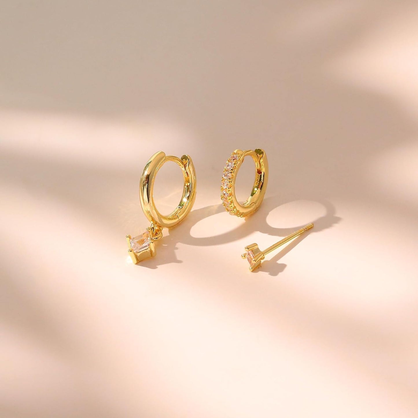 3 Pairs Small Gold Hoop Earring, 14K Gold Plated Earring Stacks Butterfly Heart Star Moon Bow Four Leaf Rhombus Round CZ Pearl