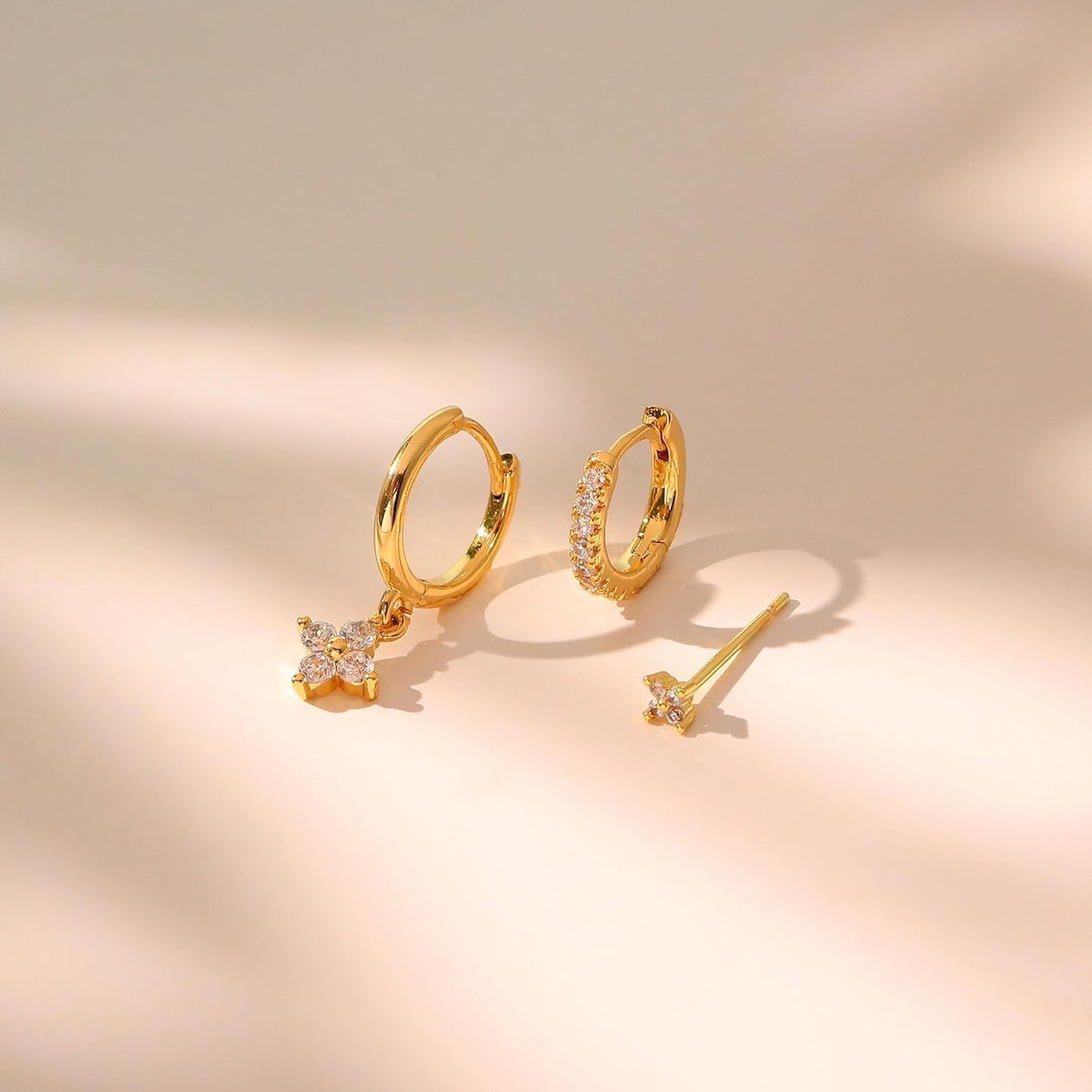 3 Pairs Small Gold Hoop Earring, 14K Gold Plated Earring Stacks Butterfly Heart Star Moon Bow Four Leaf Rhombus Round CZ Pearl