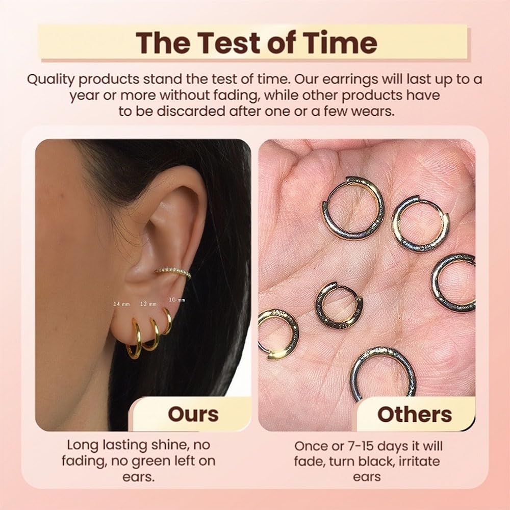 5 Pairs 14K Gold Plated Huggie Hoop Earrings for Women - Lightweight Minimalist Small Hoops, Sensitive Ears, Multiple Piercing Stack Set