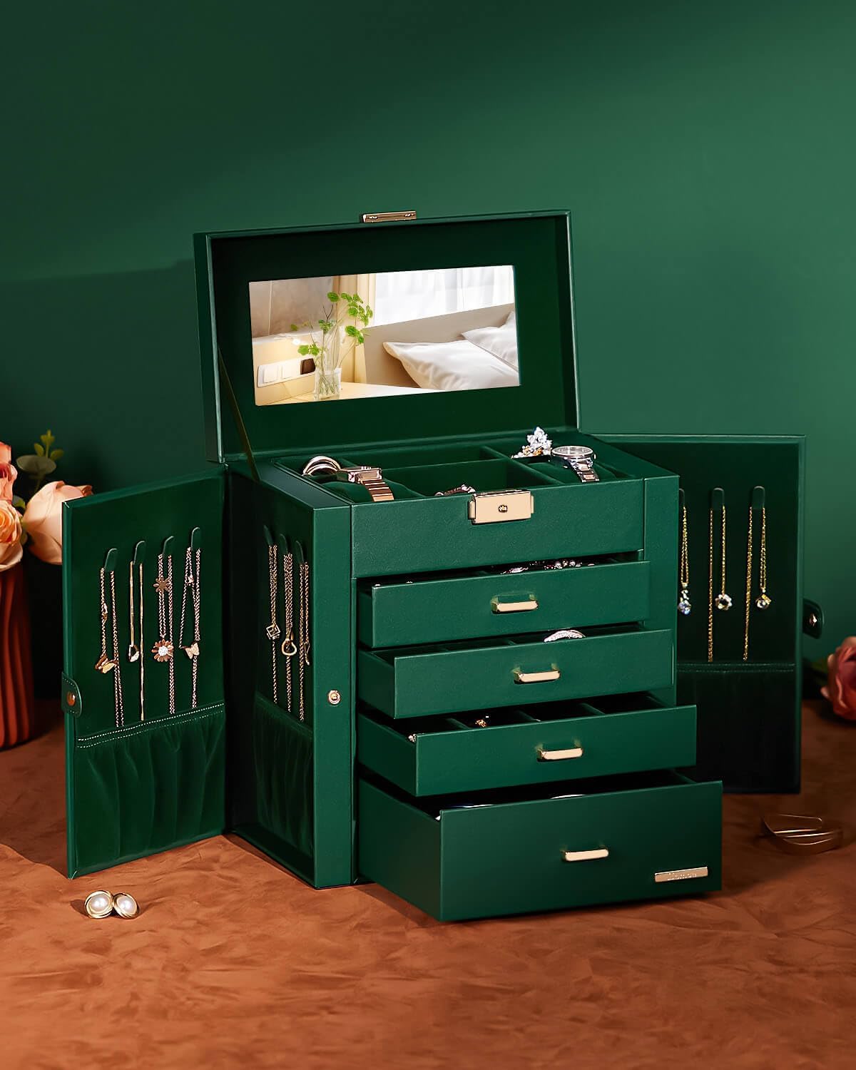 Synthetic Leather Huge Jewelry Box Mirrored Watch Organizer Necklace Ring Earring Storage Lockable