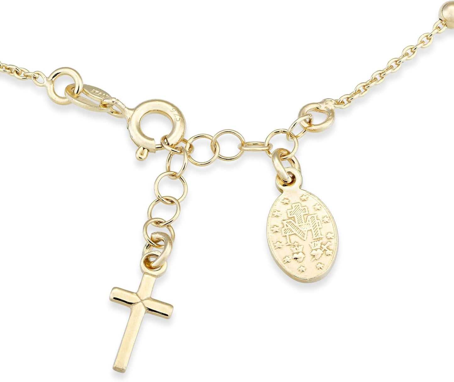 14K Gold Over Sterling Silver Italian Rosary Cross Bead Charm Link Chain Bracelet for Women, Adjustable, 925 Made in Italy