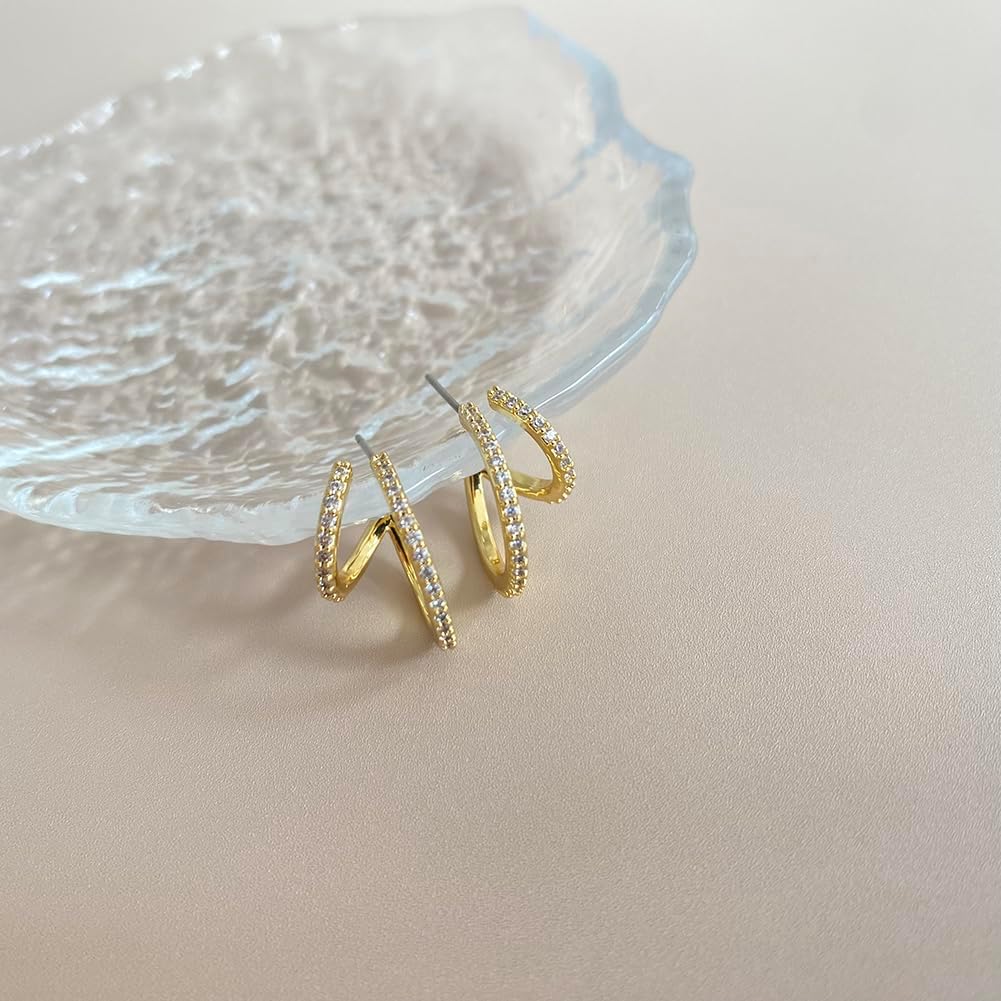 14K Gold Plated Triple Huggie Illusion Stud Earrings | Double Huggie Hoop Earrings for One Hole | Gold Hoop Earrings for Women