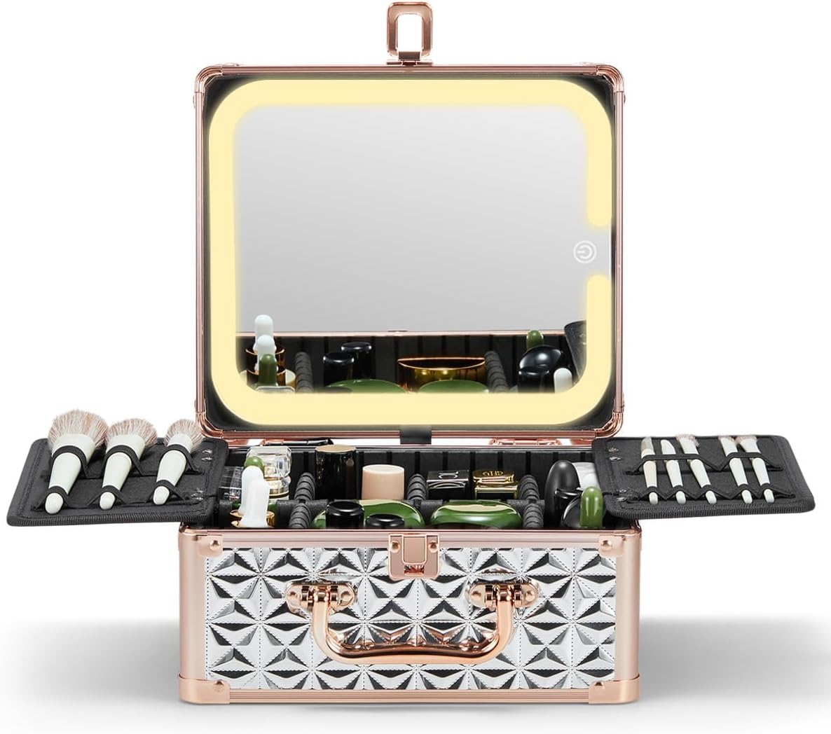 Makeup Box with A Detachable Lighted Mirror, Makeup Suitcase with Adjustable Dividers, Magnetic LED Mirror