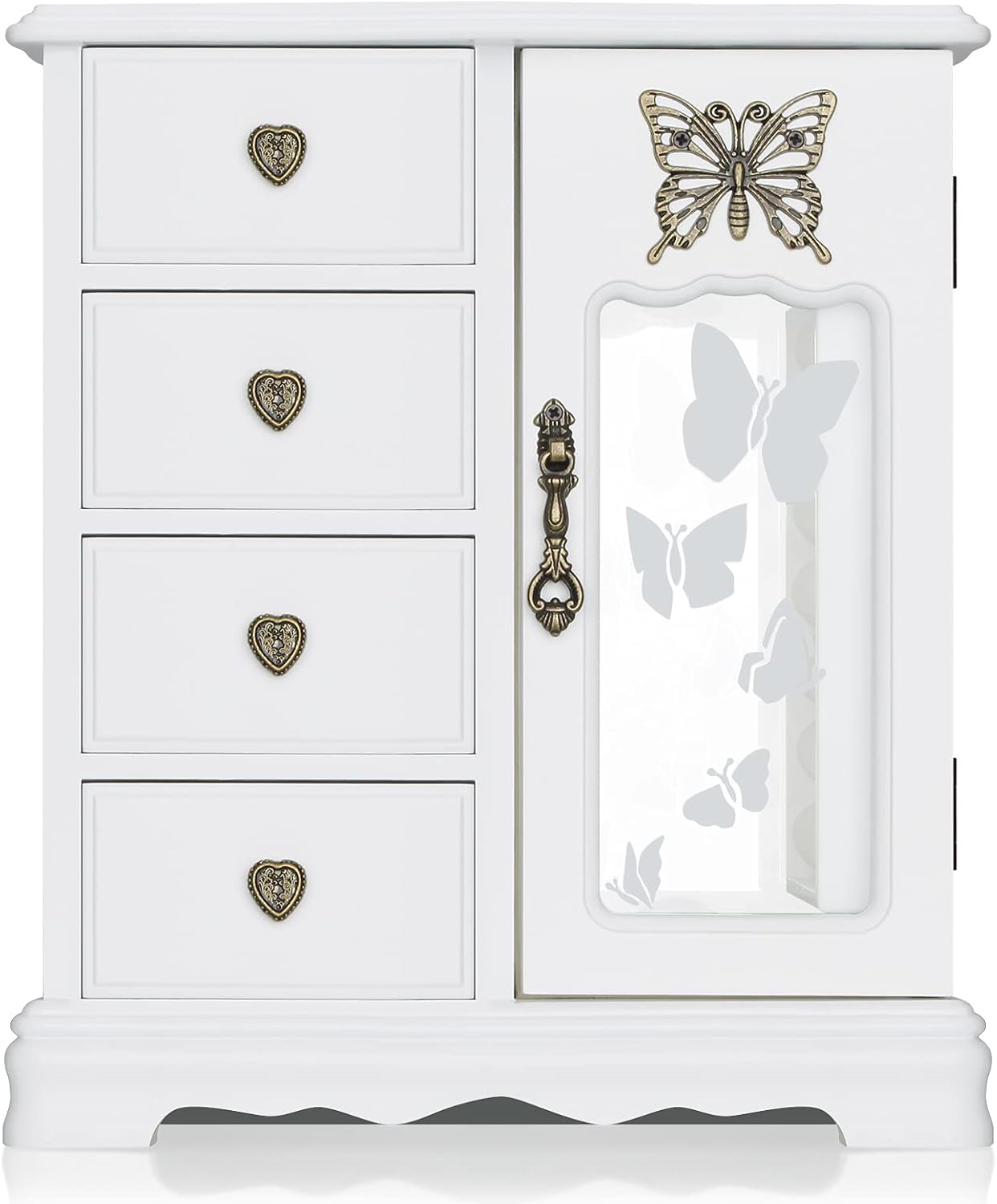 Solid Wooden Jewelry Box Organizer Women Ring Storage with 4-Drawers Built-in Necklace Carousel and Mirror