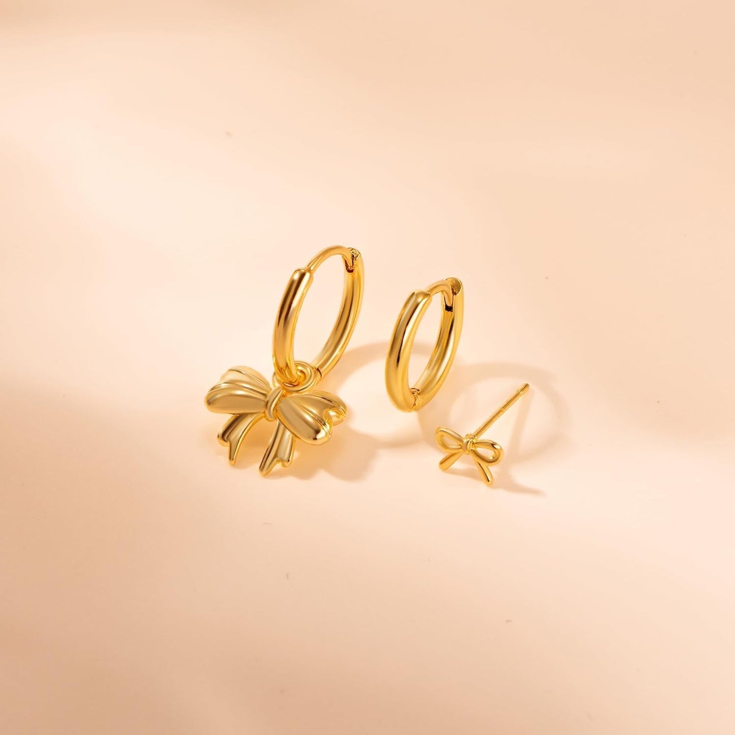 3 Pairs Small Gold Hoop Earring, 14K Gold Plated Earring Stacks Butterfly Heart Star Moon Bow Four Leaf Rhombus Round CZ Pearl