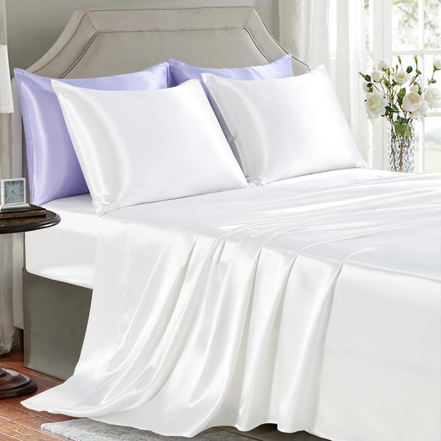 Satin Sheets Full Size - 4 count Luxury Silky Soft Bed Sheets, Wrinkle-Free Black Satin Silk Sheet Set