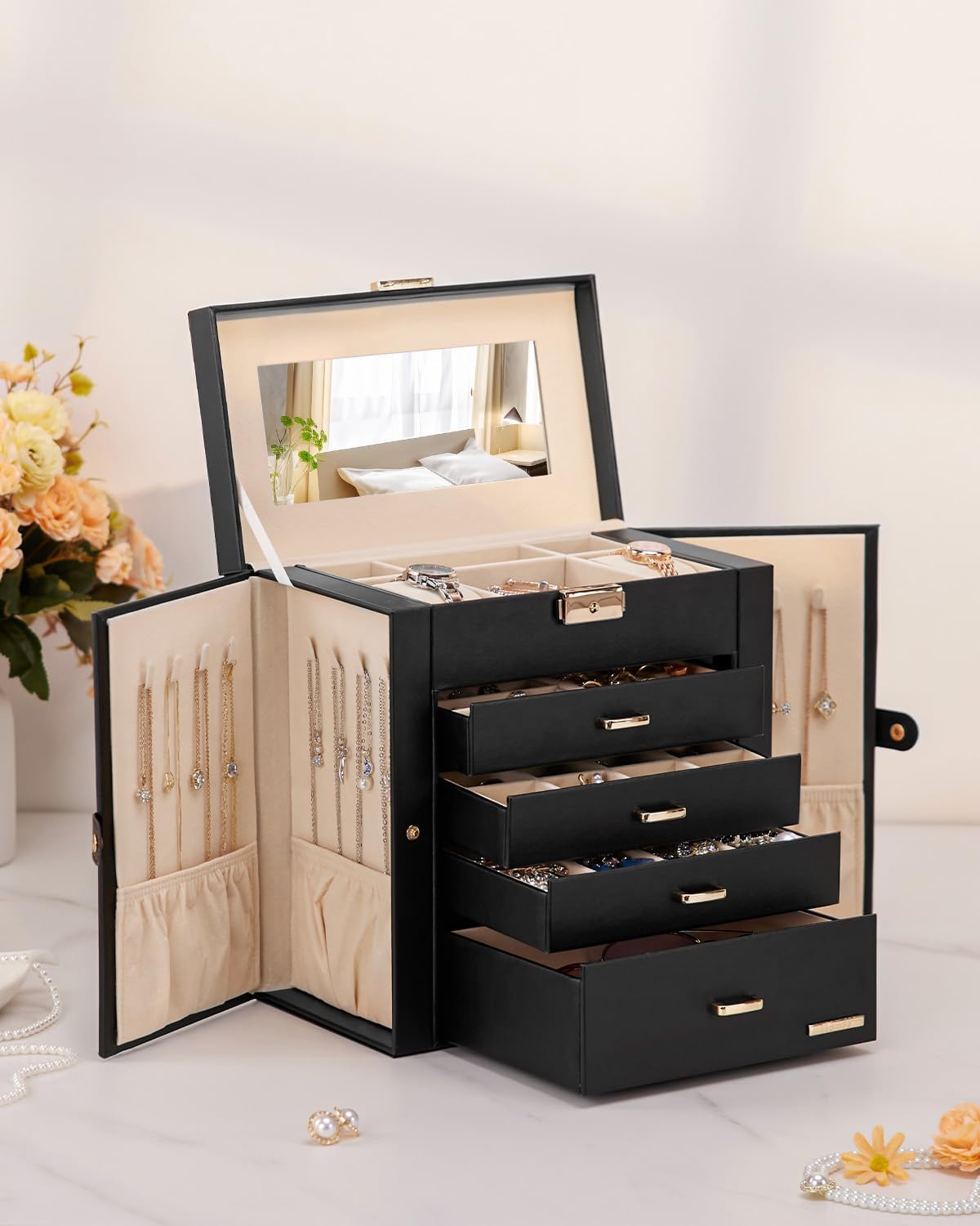 Synthetic Leather Huge Jewelry Box Mirrored Watch Organizer Necklace Ring Earring Storage Lockable