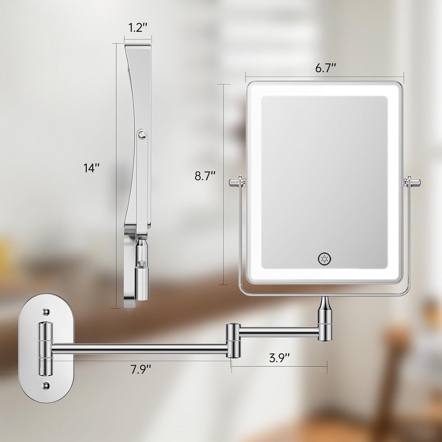 Rechargeable Wall Mounted Makeup Mirror, with Light 8.7" Double Sided Touch 1X/30X