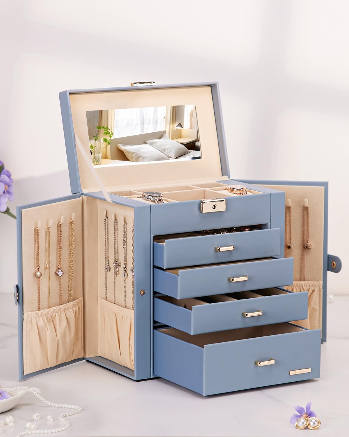 Synthetic Leather Huge Jewelry Box Mirrored Watch Organizer Necklace Ring Earring Storage Lockable