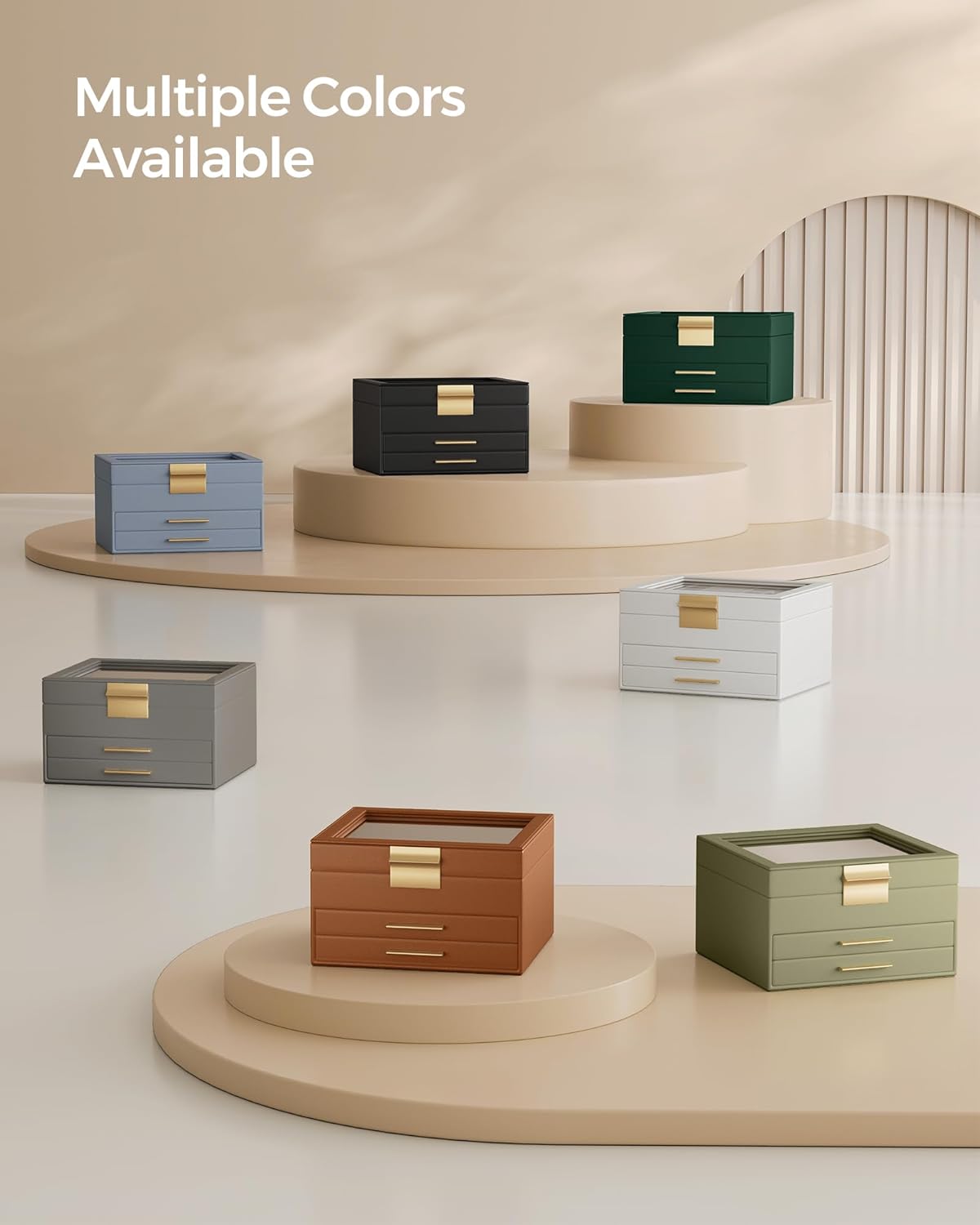 Jewelry Box Organizer with Glass Lid, 3-Layer Jewelry Storage, with 2 Drawers, Modern Style, Cloud White and Gold Color