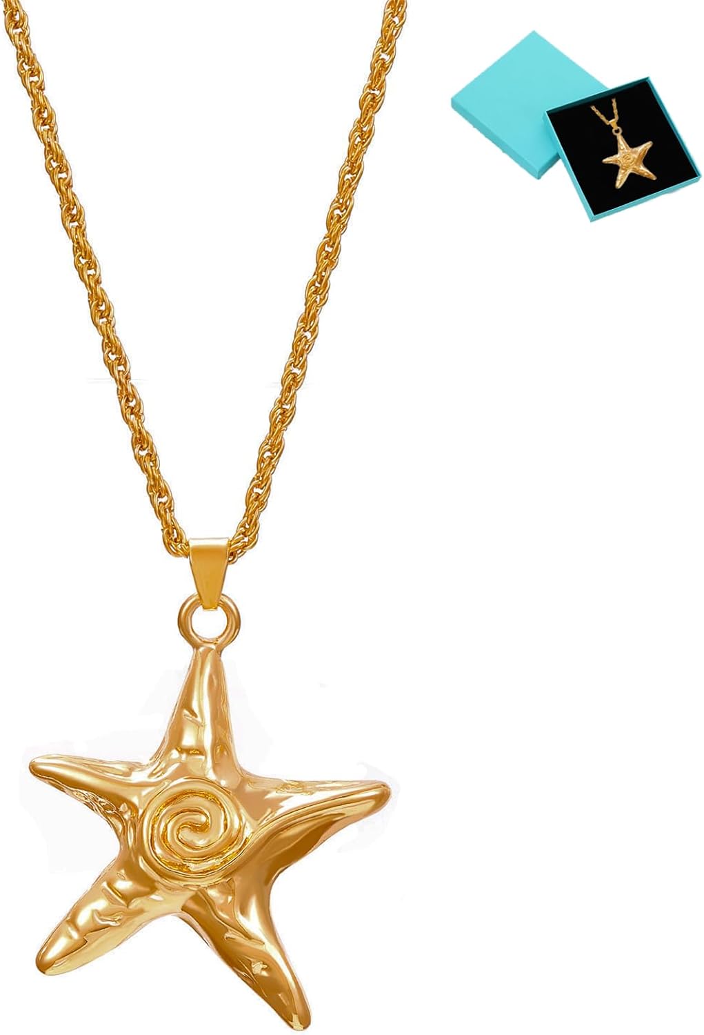 Starfish & Gold Swirl Pendant Necklace - Beach Vacation Seashell Charm, Ocean Theme Adjustable Chain for Women, Summer Jewelry Gift
