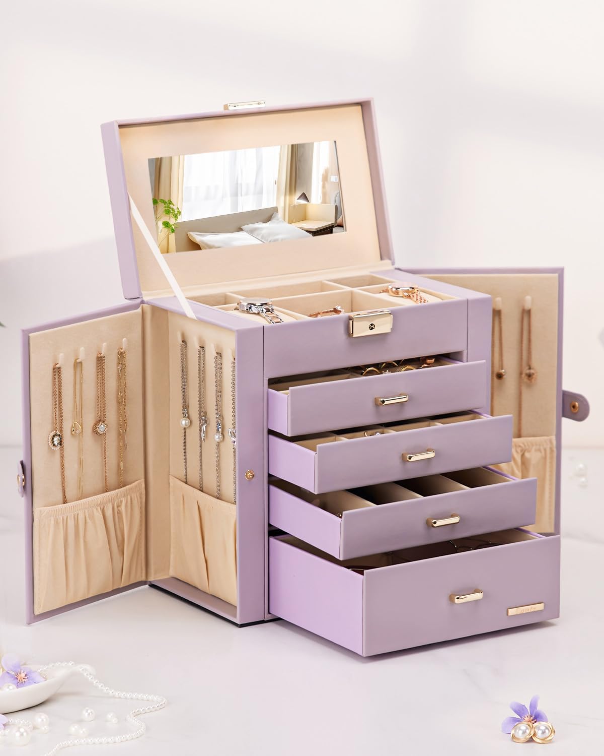 Synthetic Leather Huge Jewelry Box Mirrored Watch Organizer Necklace Ring Earring Storage Lockable