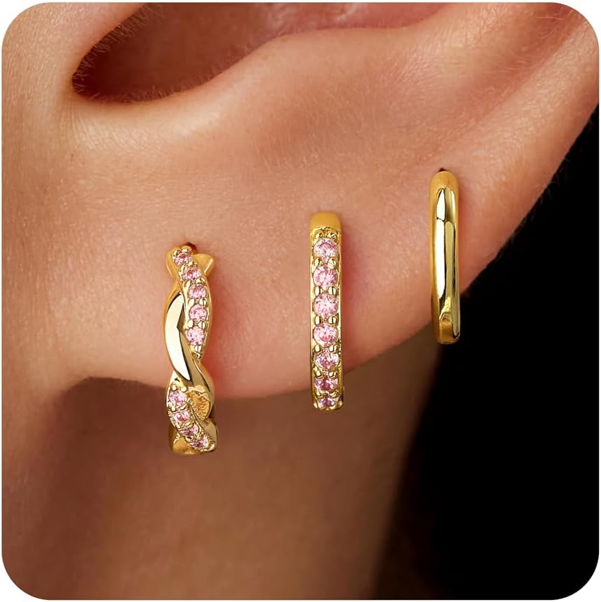Inerney Gold Huggie Hoop Earrings Set for Women, Dainty Small Sterling Silver Earring Stacks Hypoallergenic Jewelry for Multiple Piercings