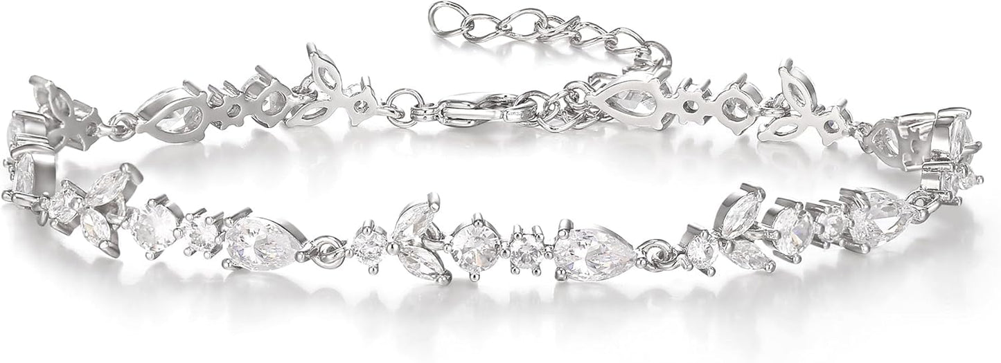 Crysdue Wedding Bridal Link Bracelet for Brides Bridesmaids, Marquise Cubic Zirconia Tennis Bracelets for Women Prom Jewelry