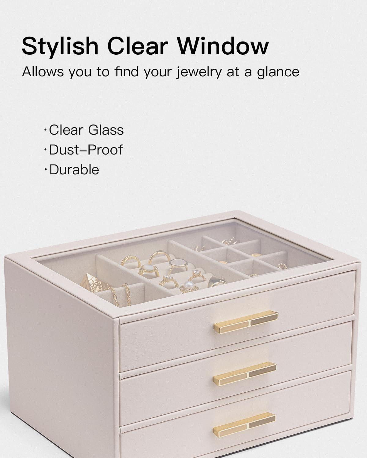 Jewelry Box for Women, Glass Lid Jewelry Organizer with 3 Drawers for Necklaces Rings Earrings Bracelets-Light Pink