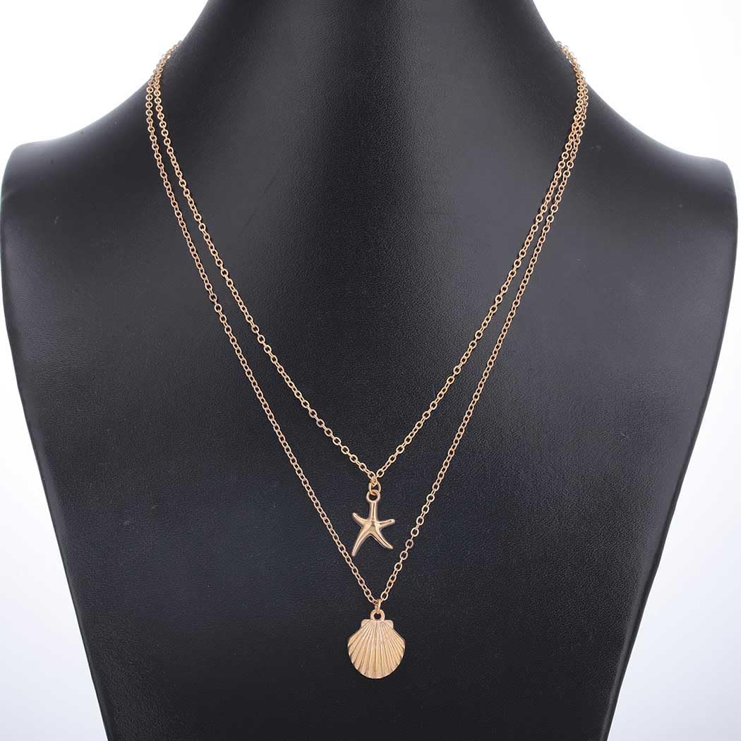Boho Starfish & Seashell Necklace for Women - Adjustable Layered Beach Chain