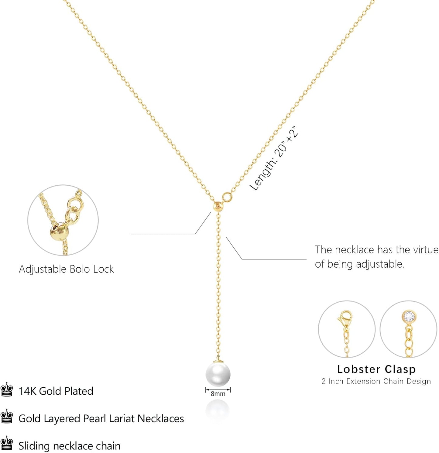 Lariat Gold Necklace for Women: Dainty 14K Gold Plated/Silver Y-Shaped Beaded Drop Chain, Trendy Gift