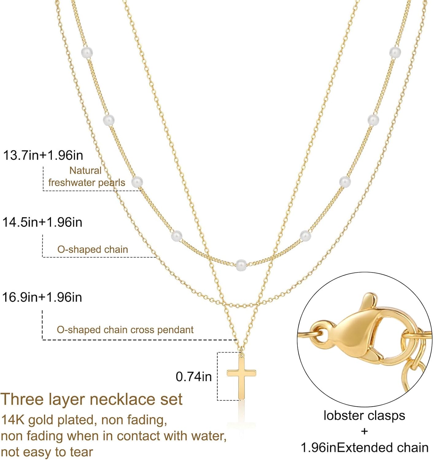 14K Gold Plated Layered Necklace Set, Dainty Pearl Cross & Multi-Chain Design (Cuban/Figaro/Herringbone), Trendy Women’s Jewelry Gift