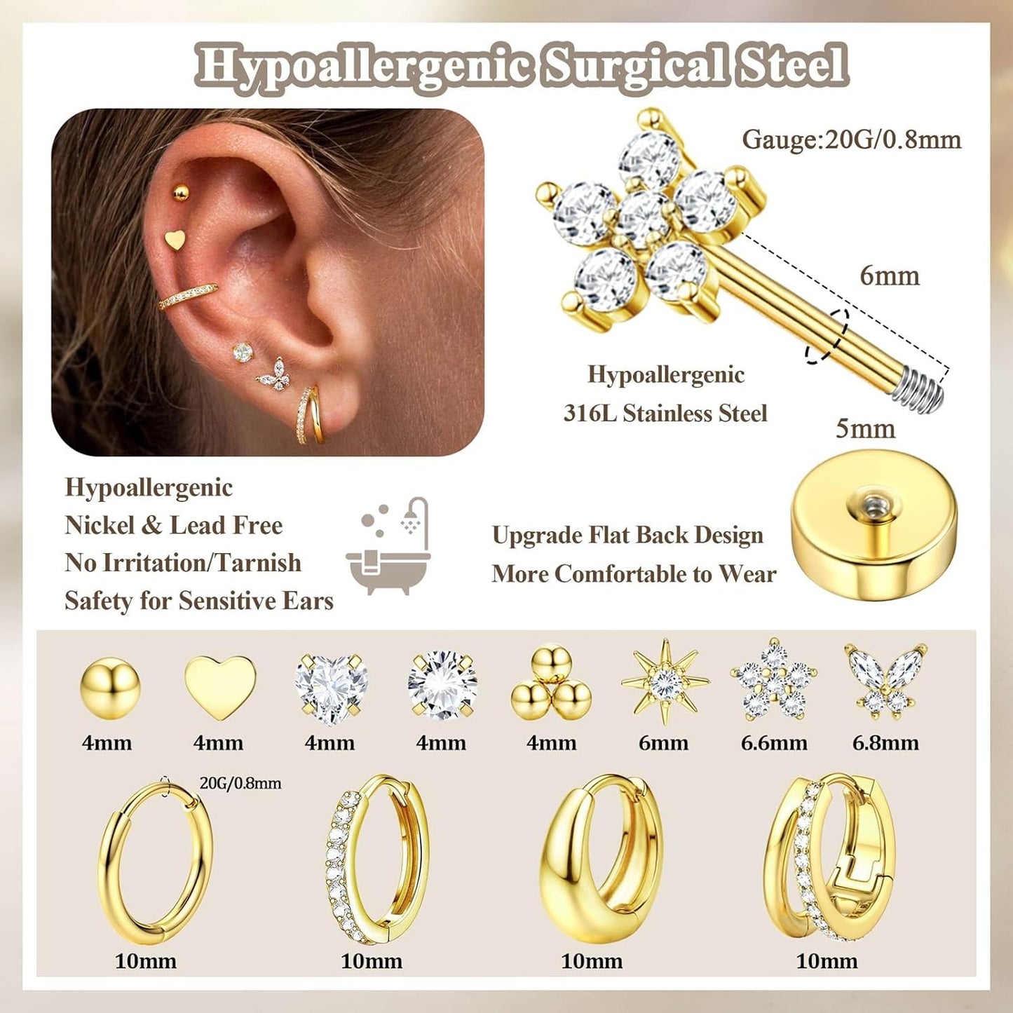 Jstyle Hypoallergenic Gold Stud Hoop Earrings for Women Men Surgical Stainless Steel Flat Back Earrings Small 14K Gold Huggie Hoops