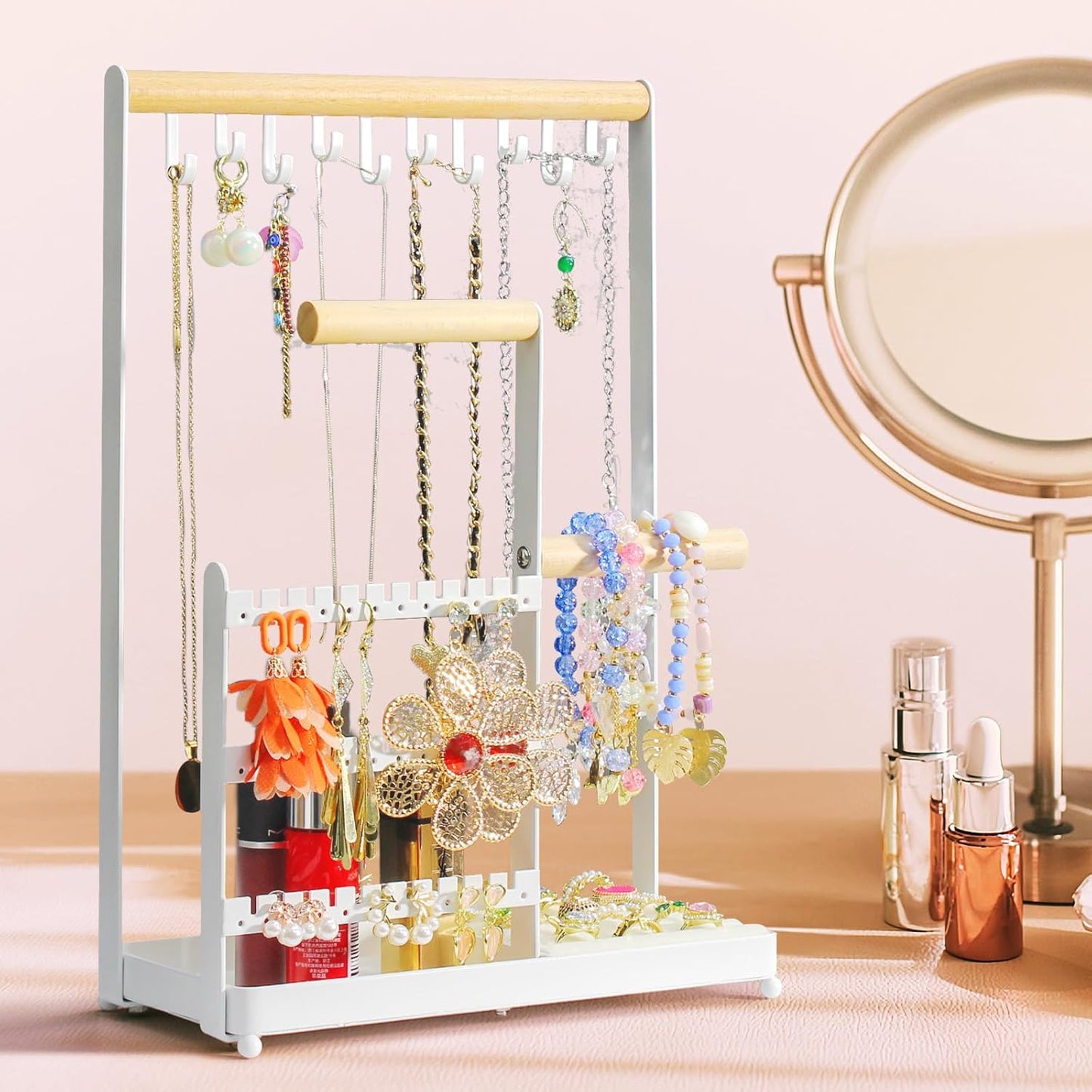Jewelry Display Rack with 36 Holes Earring Holder, 10 Hooks Necklace Organizer, Velvet Ring Holder Dish