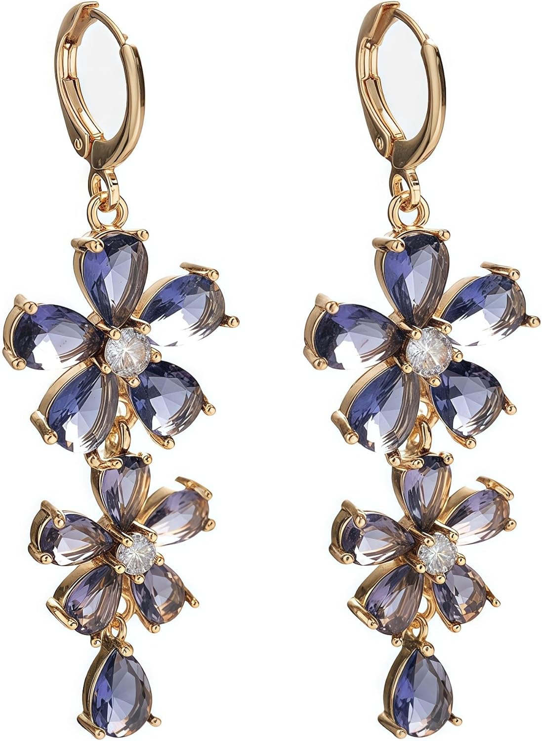 Vuskdtei18K Gold Plated Flower Dangle Earrings for Women, Hypoallergenic Cubic Zirconia Earrings, Elegant Chandelier Drop Earrings