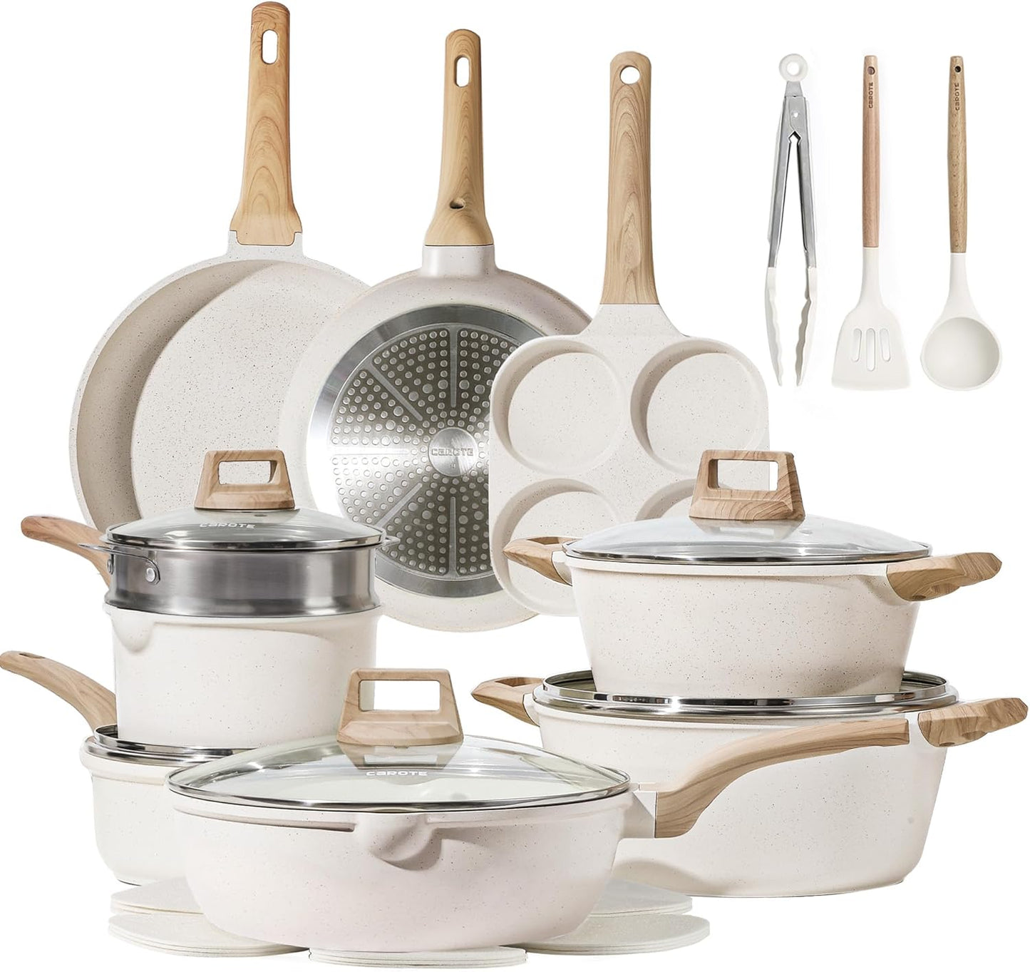 21-Pc White Granite Nonstick Pot and Pan Set for Induction Cooktops